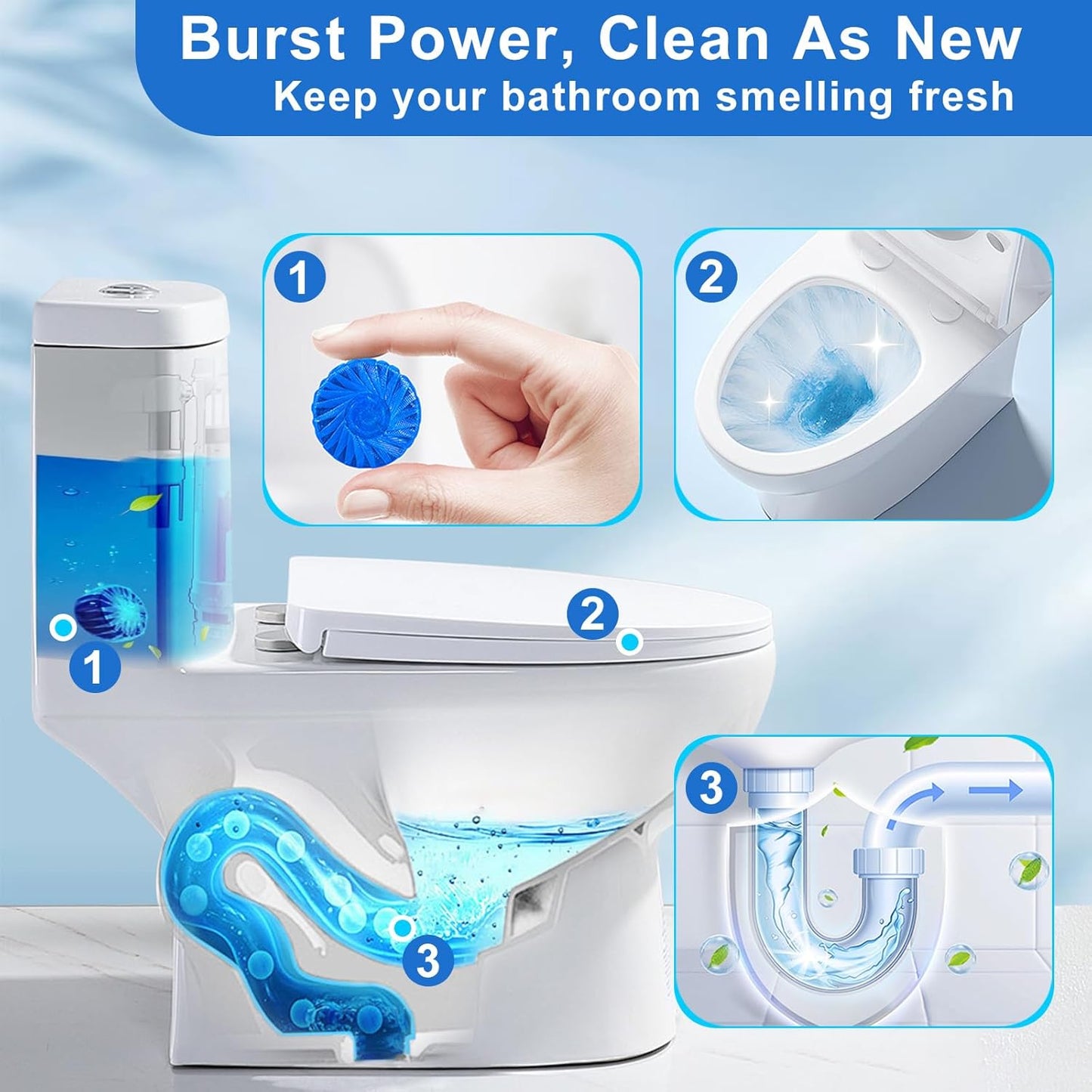 Msvvko Toilet Bowl Cleaner Tablets Blue Toilet Tank Cleaners, Septic-Safe Hard Water Stain Remove, Bathroom Automatic Toilet Cleaning & Deodorizer, Fresh Scent - 30 Tabs