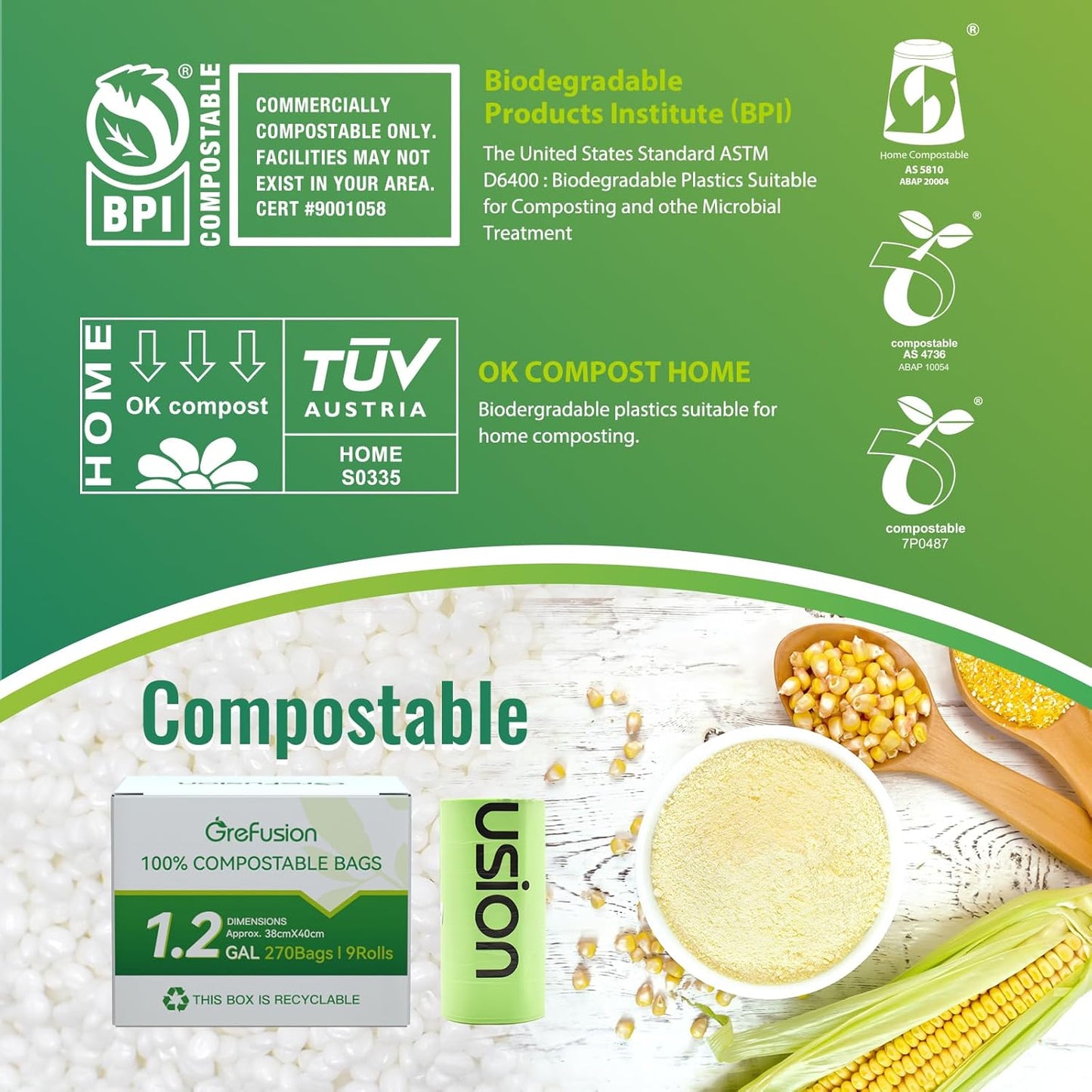GreFusion Compostable Bags 1.2 Gallon,125 Count, Fits 0.75,1,1.2,1.3,1.6,1.8 Gallon Countertop Bin, Small compost bags, Certified by BPI, ASTM D6400 and OK Compost