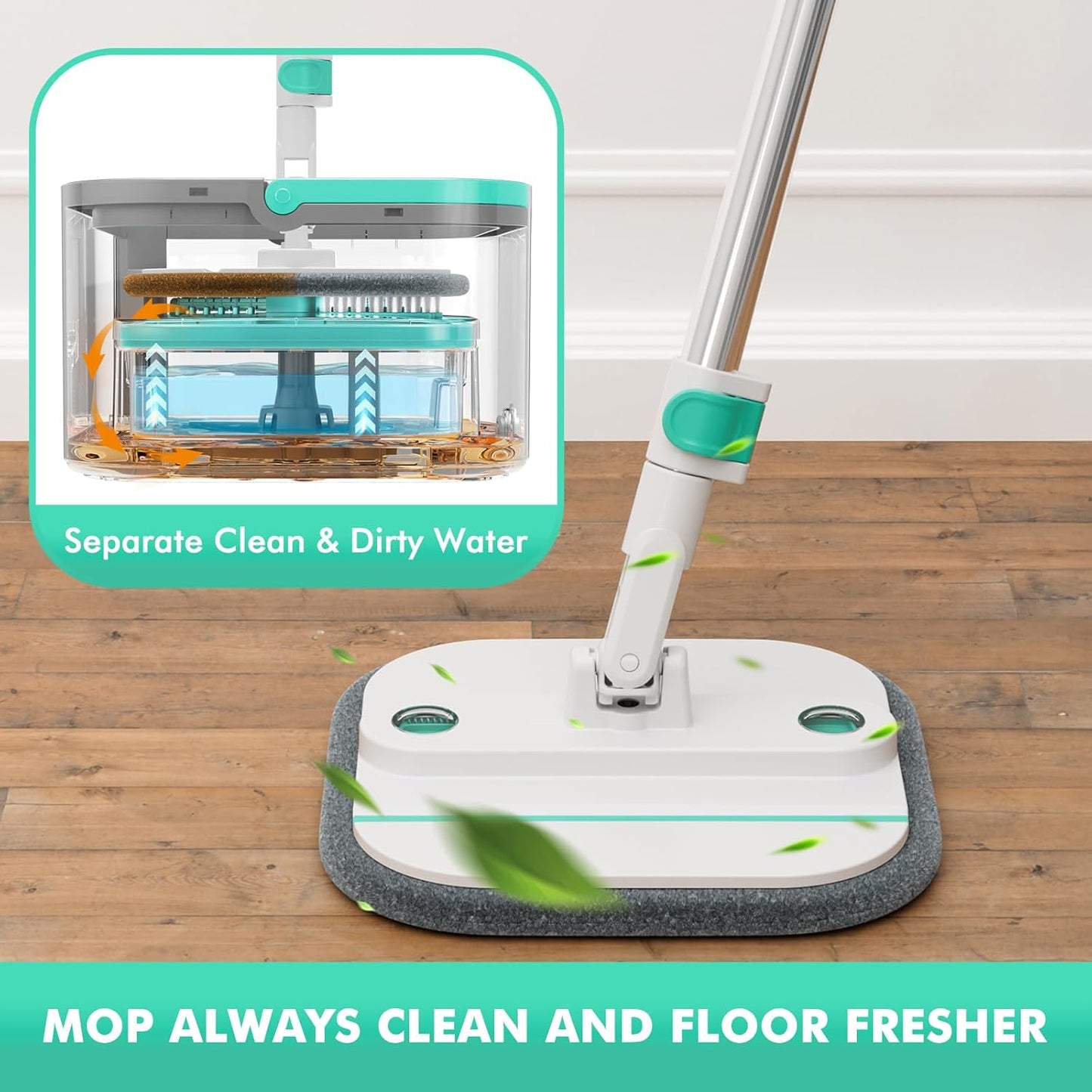 Upgraded Spin Mop and Bucket System Set, Self Separate Clean and Dirty Water, Foldable Square Standing Mop Head with Microfiber Mop Pads, Detachable Bucket (White+Blue, Mop Set with 6PC Pads)