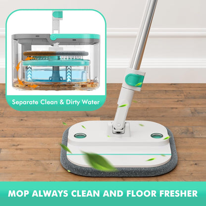 Upgraded Spin Mop and Bucket System Set, Self Separate Clean and Dirty Water, Foldable Square Standing Mop Head with Microfiber Mop Pads, Detachable Bucket (White+Blue, Mop Set with 6PC Pads)