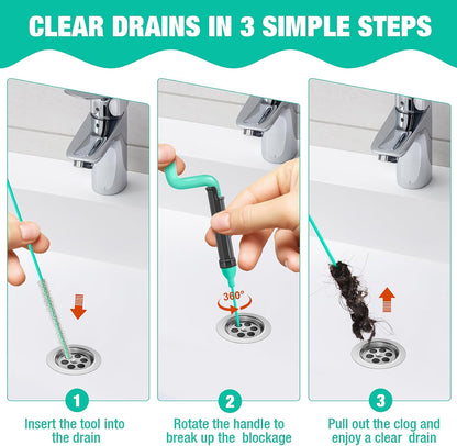 55inch Steel Core Drain Clog Remover Tool With Rotating Handle, Slim Snake Drain Hair Removal Tool For Narrow Pipes, Sinks, Showers, Toilets, Clears Hair, Blockages With Sink Drain Cleaner (5pcs)