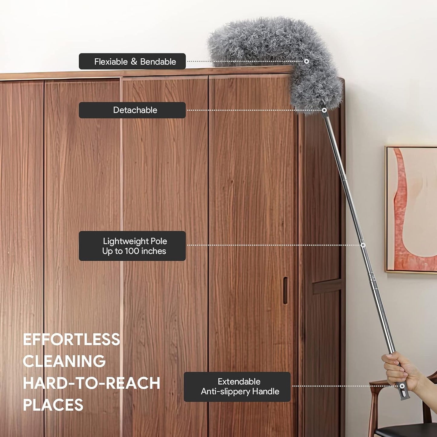 DELUX Microfiber Feather Duster,7 PCS Reusable Bendable Washable Cobweb Duster with 100 inches Extra Long Extension Pole for Cleaning Ceiling Fan, High Ceiling, Blinds, Furniture & Cars