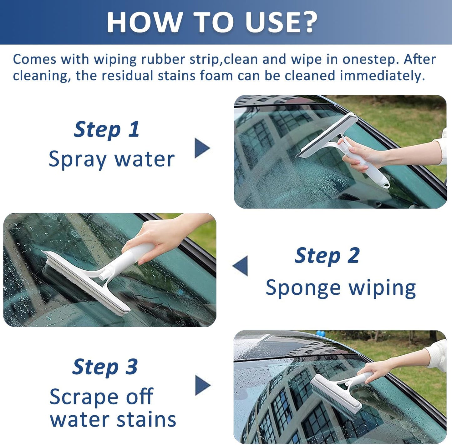 2 Pack All-Purpose Shower Squeegee for Shower Glass Door, Shower Glass Cleaner Squeegee with Spray, Washer, Wiper, 3 Functions in 1, Perfect Household Cleaner Tool