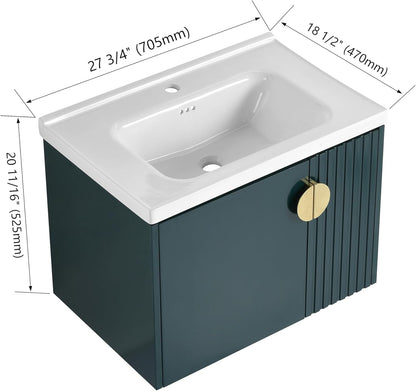 SSLine Modern 24-Inch Bathroom Vanity with Sink Wall Mounted Bathroom Vanity with Top Basin & Storage Cabinet White Wood Floating Vanity w/Ceramic Sink & Gold/Black Handles for Small Space
