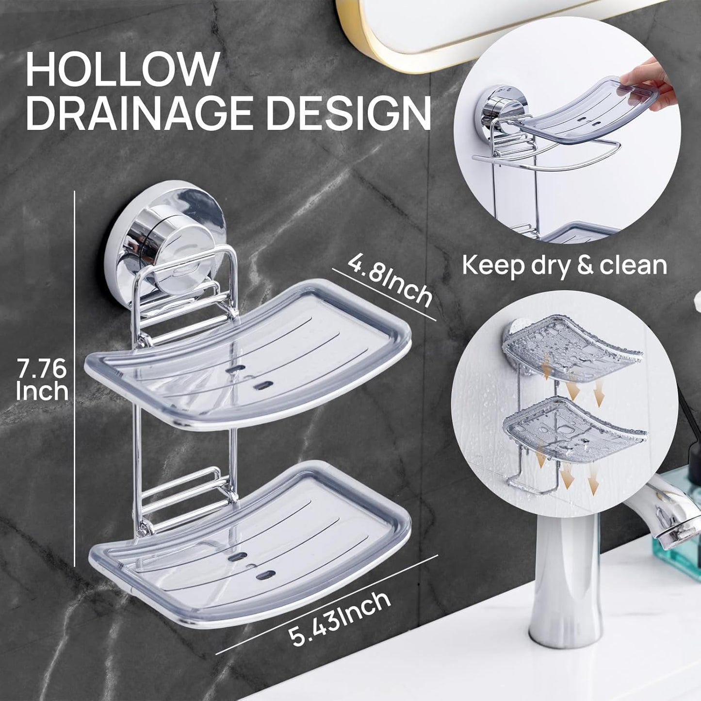 LEVERLOC Soap Holder Shower with Hooks, Bar Suction Cup Soap Dish Tray for Wall, Rust-Proof Stainless Steel Sponge Caddy for Bathroom Accessories Organizer Bathtub Kitchen Sink, Black