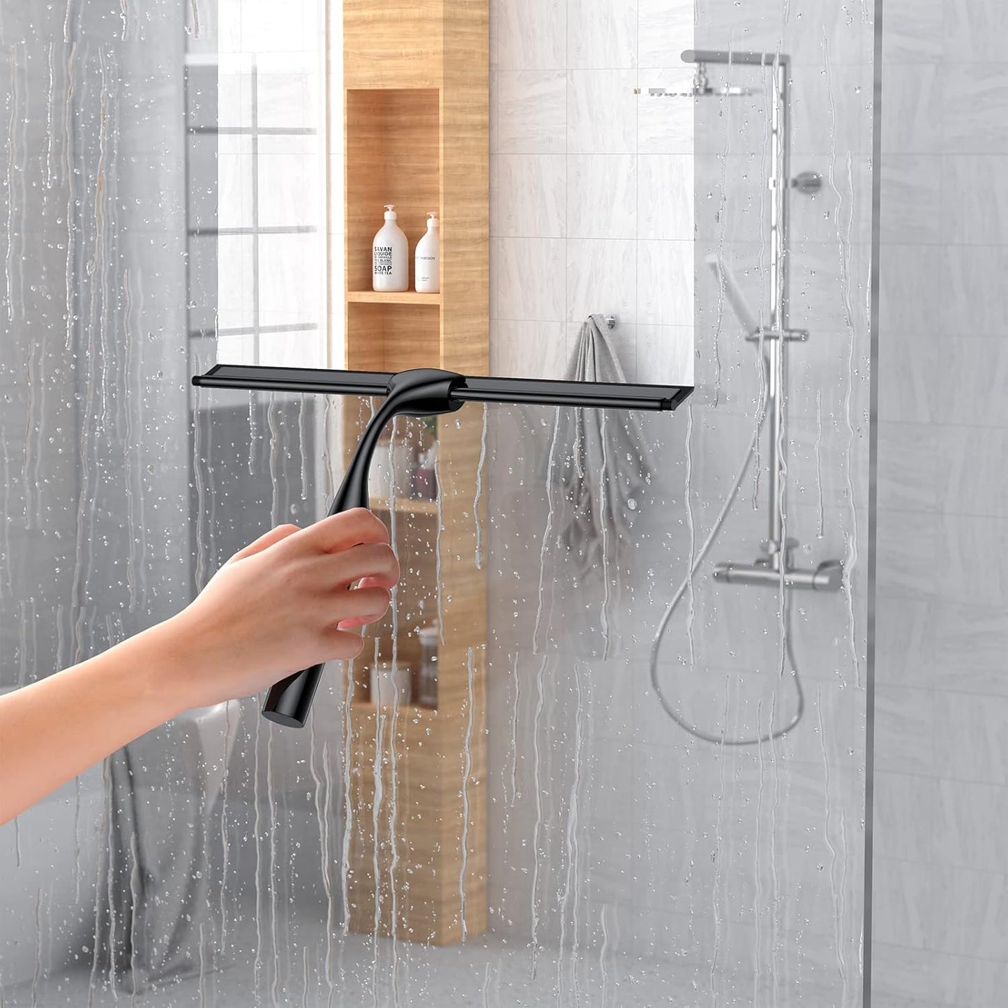 Stainless Steel Squeegee for Shower Glass Doors, 10-Inch All-Purpose Squeegee with Replacement Blade and Matching Hooks Holder, Silver