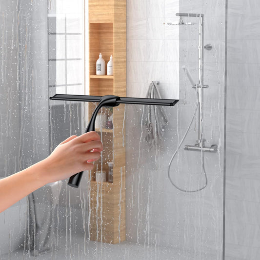 Stainless Steel Squeegee for Shower Glass Doors, 10-Inch All-Purpose Squeegee with Replacement Blade and Matching Hooks Holder, Silver