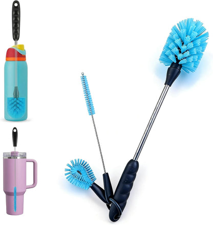 3-in-1 Water Bottle Cleaning Set: 15" Long Handle Brush, Straw Cleaner & Detail Scrubber - Professional Household Scrubber for Daily Kitchen Cleaning & Travel Mugs