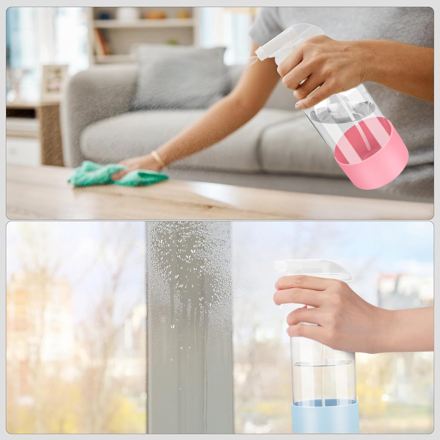 Worldgsb 2 Pack Glass Spray Bottles with Silicone Sleeve, 16 oz Empty Refillable Containers with Adjustable Spray Nozzles, Spray Bottles for Hair, Cleaning Solutions and Plants Blue&Grey