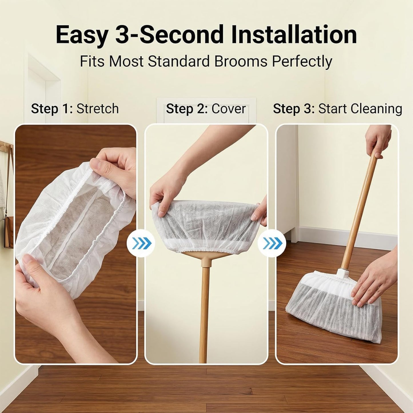 RAINFLOW Disposable Broom Cover Dust Wipes - 100PC Non-Woven Floor Cleaning Covers with Double Elastic Fit for Pet Hair Removal Broom, Sweep Mop, Household Cleaning Tools