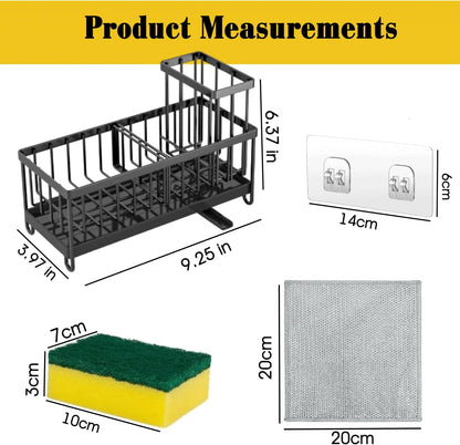 5 in 1 Sponge Holder for Kitchen Sink, Rustproof Stainless Steel Sink Caddy with Washing Cloth & Adhesive Hooks, Kitchen Sink Organizer with High Brush Holder and Soap Holder for Kitchen Sink