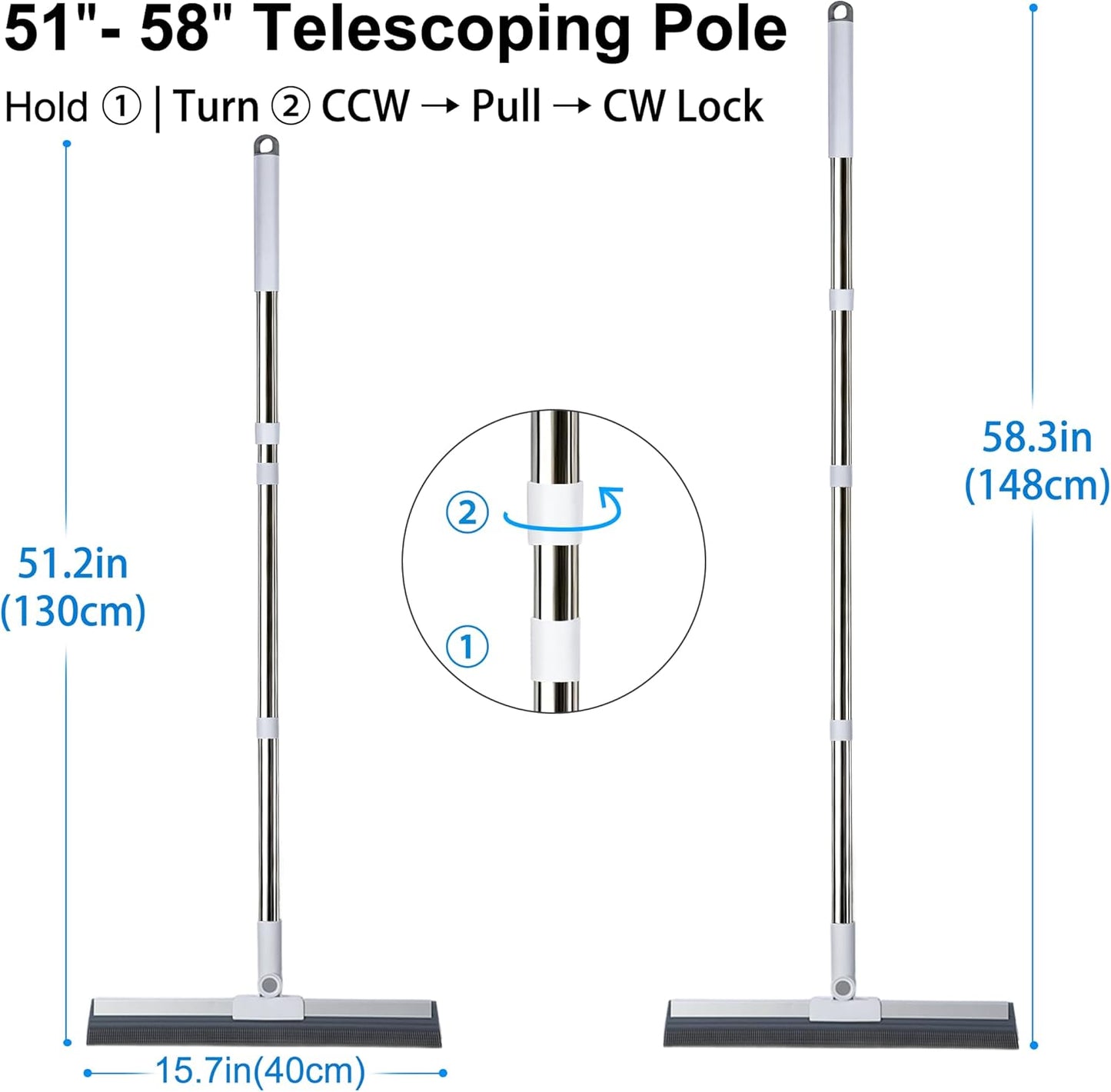 Floor Squeegee with 51"-58" Telescoping Handle & 180° Rotating Head, Water Removal for Tile & Hardwood, Under-Furniture Cleaning