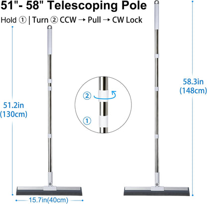 Floor Squeegee with 51"-58" Telescoping Handle & 180° Rotating Head, Water Removal for Tile & Hardwood, Under-Furniture Cleaning