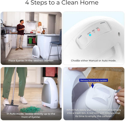 EyeVac Home Touchless Vacuum Automatic Dustpan - Great for Sweeping Pet Hair Food Dirt Kitchen - Ultra Fast & Powerful, No More Bending Down, Bagless, Corded, Automatic Sensors, 1000 Watt (White)