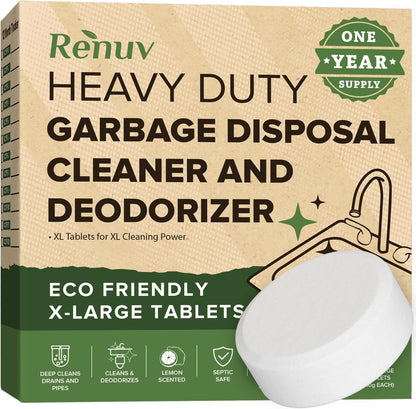 Renuv® Heavy Duty Dishwasher Cleaner & Deodorizer Tablets, Descaler, Deep Cleaning, Natural Odor & Smell Remover, Calcium, Limescale, Hard Water Marks, Grease, Septic Safe Pods (12 Tabs 1 Yr Supply)