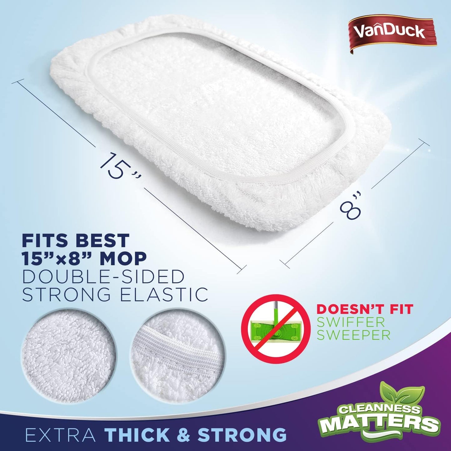 VanDuck 100% Cotton Pad Terry Cloth Mop Refills 15x8 inches, 2 Pack (Mop is Not Included)
