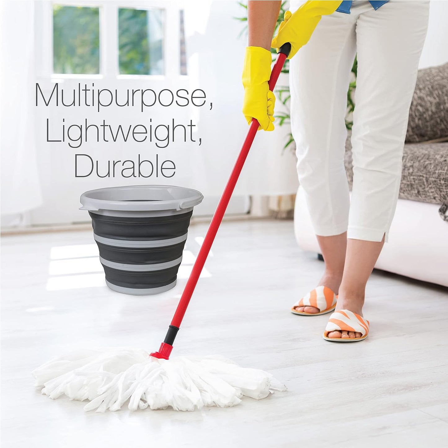 Brookstone Collapsible Bucket, Foldable Cleaning Bucket with Handle, Household Essentials Cleaning Basin and Dust Mop Bucket, Collapsible Wash Basin for Car Cleaning, [2.6 Gal. 10L] Square, Grey