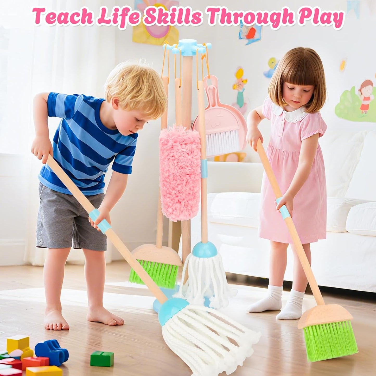 Kids Cleaning Set, Wooden Toddler Broom Set for Housekeeping, 8 Pieces Montessori Cleaning Toys with Kids Broom and Mop Set, Housework Pretend Play Toy Gift for Boys Girls Ages 3+
