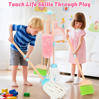 Kids Cleaning Set, Wooden Toddler Broom Set for Housekeeping, 8 Pieces Montessori Cleaning Toys with Kids Broom and Mop Set, Housework Pretend Play Toy Gift for Boys Girls Ages 3+