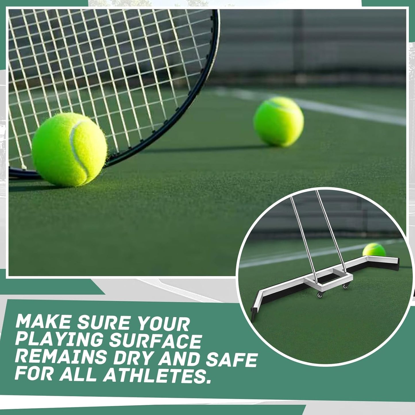 Leyndo Tennis Court Squeegee 54 inches Floor Broom Commercial with Handle and Wheels Professional Water Remover Stainless Steel Sport Court Accessories, Silver