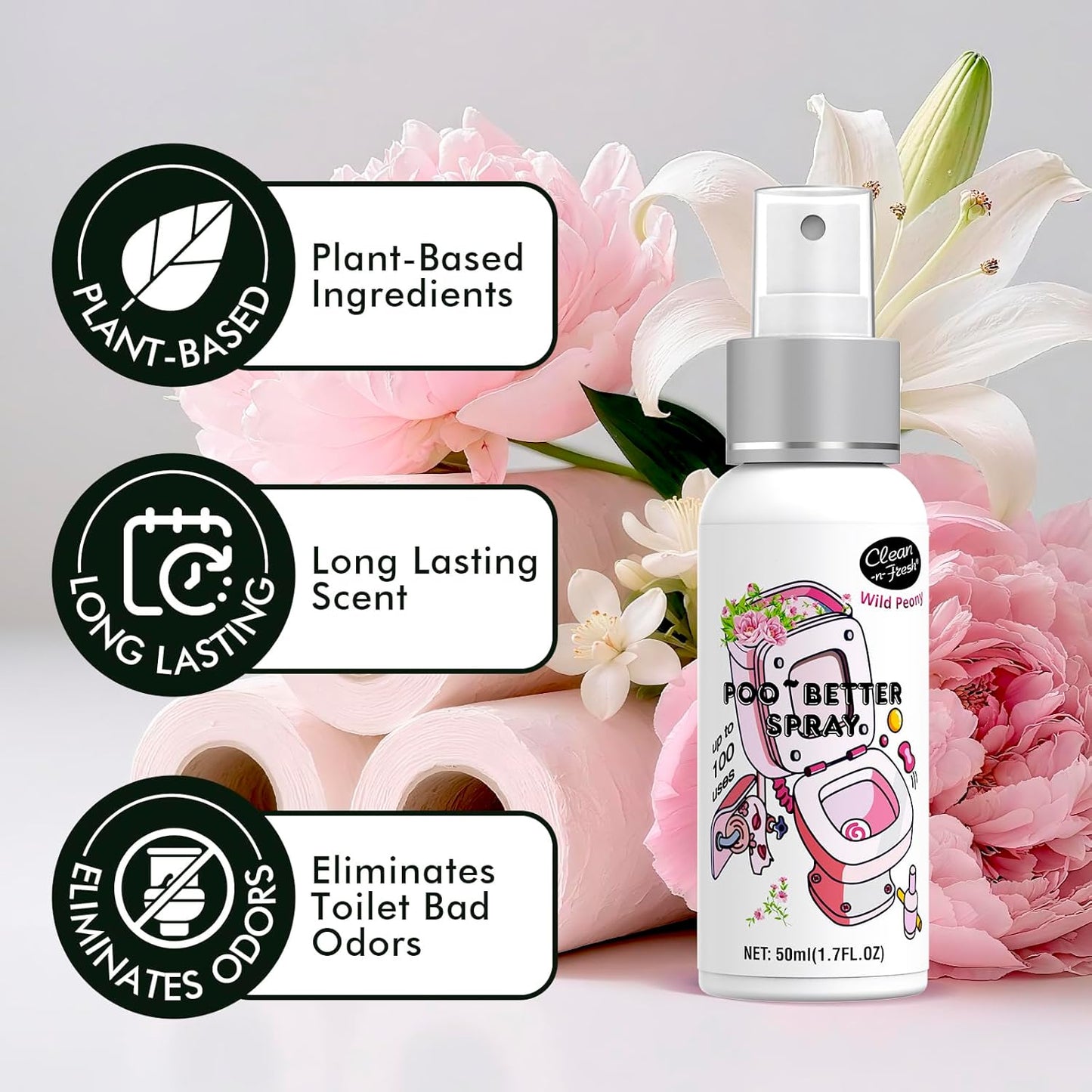 Clean-n-Fresh Toilet Spray, 8.5 Fl Oz Variety Pack of 5 - Citrus, Hibiscus, Lavender, Eucalyptus, Beach Coco, Travel Essentials Bathroom Odor Elimination, Air & Toilet Freshener, Each 1.7 Fl Oz