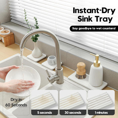 Fast Water Absorption Sink Organizer Tray Set, 3-Pack Compact and Space-Saving Stone Soap Holder Caddy for Kitchen & Bathroom Counter, Faucet Splash Guard, White (1pc of 8"x3.8" + 2pcs of 3.8"x3.8")