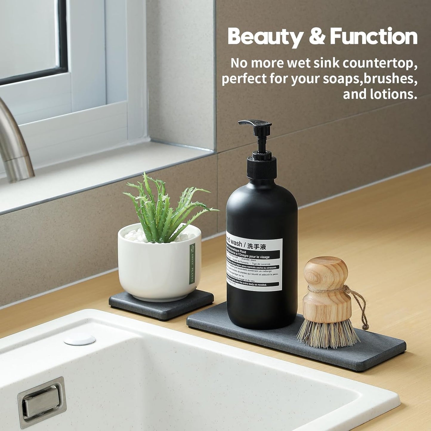 2PCS Water Absorbing Stone Drying Tray for Kitchen Counter & Bathroom Sink, Diatomite Faucet Splash Guard, Soap Dispenser Rack & Sponge Holder Caddy Organizer, Marble White (Printed Pattern), 9"x 3.5"