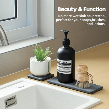 2PCS Water Absorbing Stone Drying Tray for Kitchen Counter & Bathroom Sink, Diatomite Faucet Splash Guard, Soap Dispenser Rack & Sponge Holder Caddy Organizer, Marble White (Printed Pattern), 9"x 3.5"