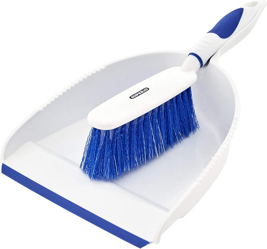 Superio Brush and Dustpan Set, Rubber Edge for Easy Dirt Pickup, Durable Plastic Broom Set with Ergonomic Grip Handle, for Table, Countertop, Desk (1)