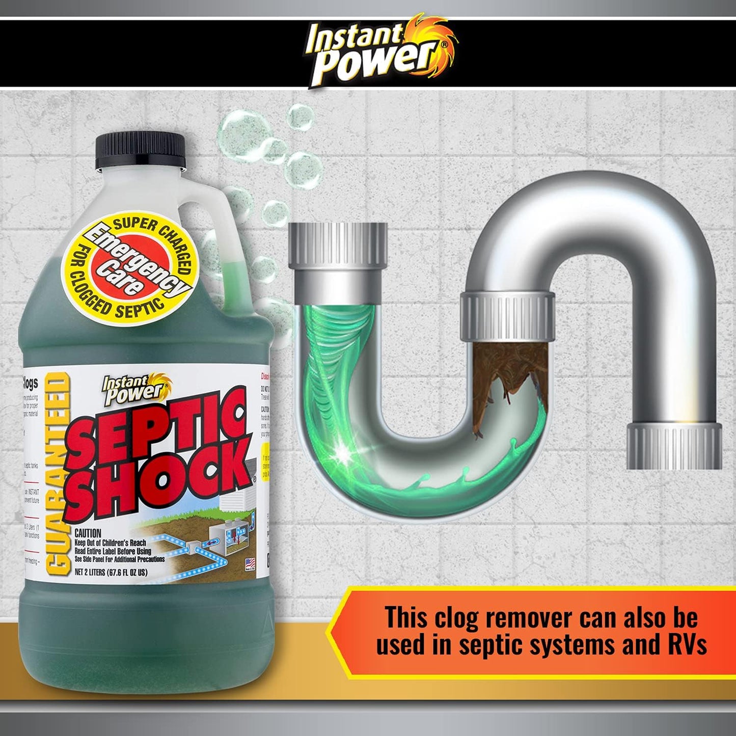Instant Power Septic Shock - Septic Tank Treatment, Drain Cleaner Liquid Clog Remover for Septic Systems - 67.6 Fl Oz 1 Pack