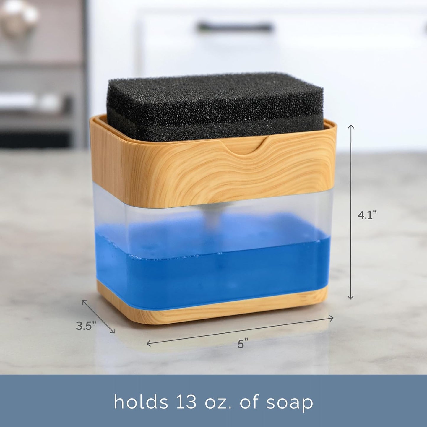S&T INC. Dish Soap Dispenser and Sponge Holder for Kitchen Sink, Sponge Included, 13 Ounces, Metallic Silver