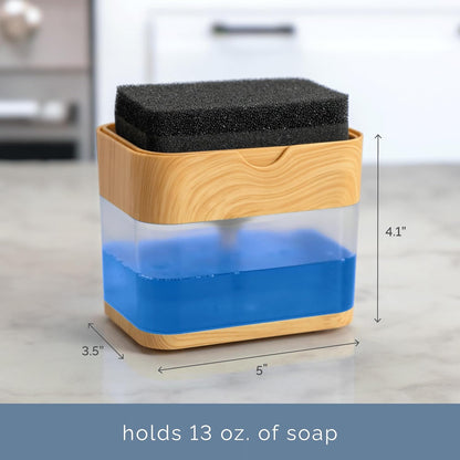 S&T INC. Dish Soap Dispenser and Sponge Holder for Kitchen Sink, Sponge Included, 13 Ounces, Metallic Silver