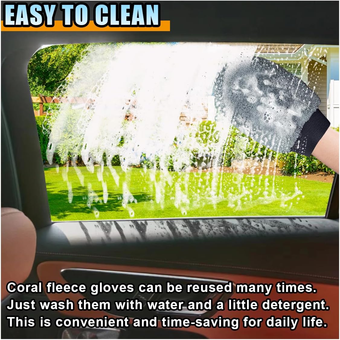 2PCS Coral Fleece Car Wash Mitts, No Scratch Microfiber Wash Mitt Car Cleaning Glove, Reusable Dusting Mitt with Elastic Wrist Cuff for Car Washing and Detailing (Palm Glove)
