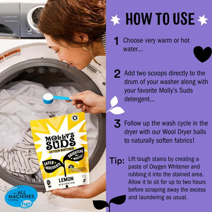 Molly's Suds Oxygen Whitener | Powerful Bleach Alternative, Chlorine Free & Color Safe | Brightens Whites and Removes Stains (Lemon Essential Oil - 41.09 oz)