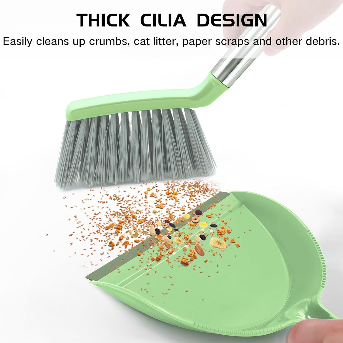 NACENA Mini Broom and Dustpan Set, Small Dust Pan and Brush Set with Handle Dustpan Teeth for Cleaning Hair Suitable for Office Desks Drawers Sofas Outdoor Camping, Light & Purple