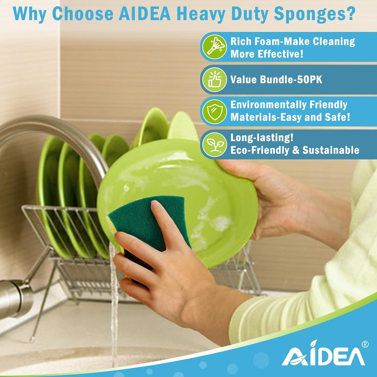 AIDEA Sponges Kitchen, XL Heavy Duty Dish Sponge, Cleaning Dish Scrubber Sponge for Home and Kitchen, Extra Large Cleaning Supplies for Pots, Pans, 24 Pack