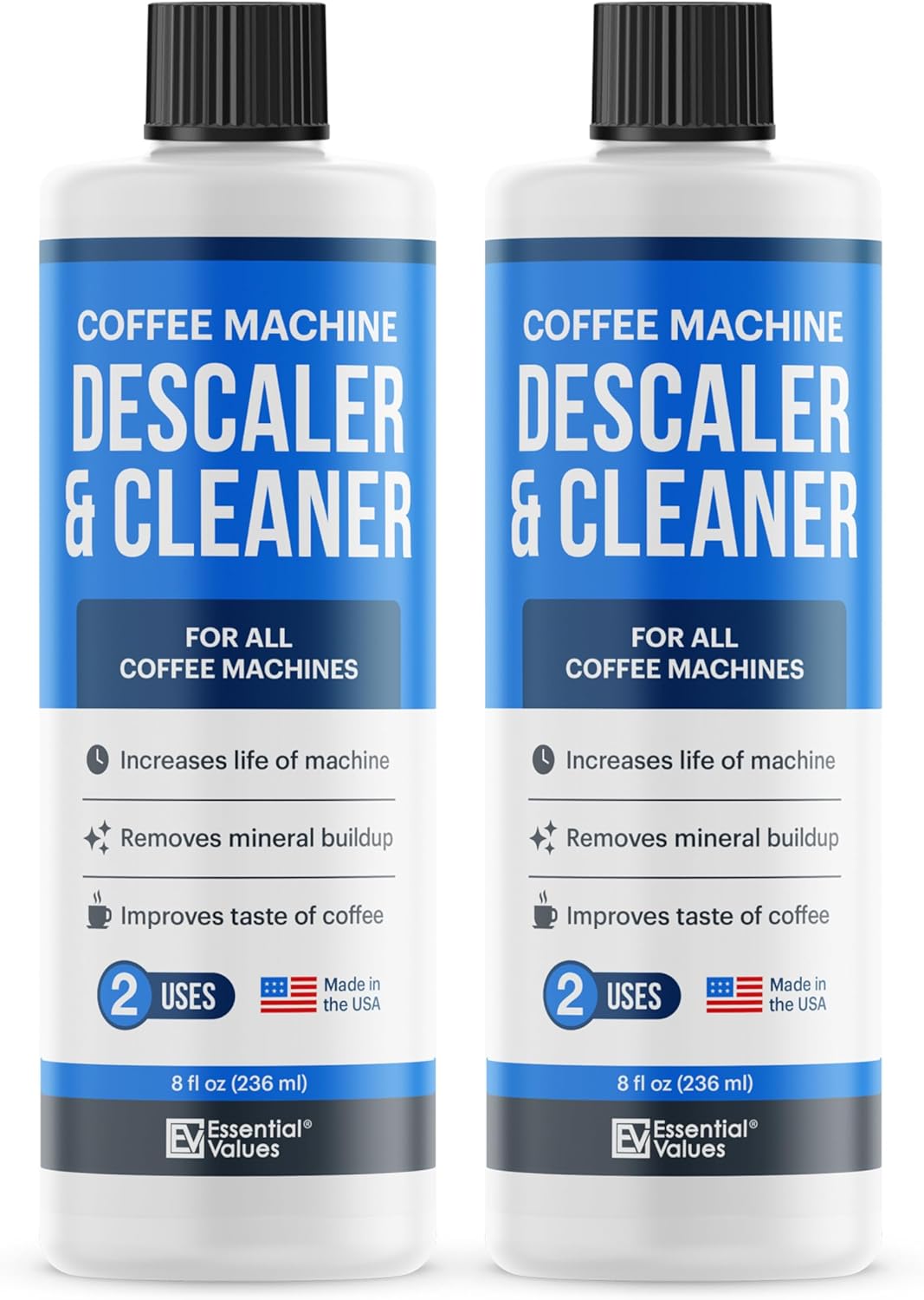 Essential Values Descaling Solution (8 fl oz / 236 ml) – Coffee Maker Cleaner for Nespresso, Keurig, Breville & More – Works on All Machines & Espresso Makers – Made in USA