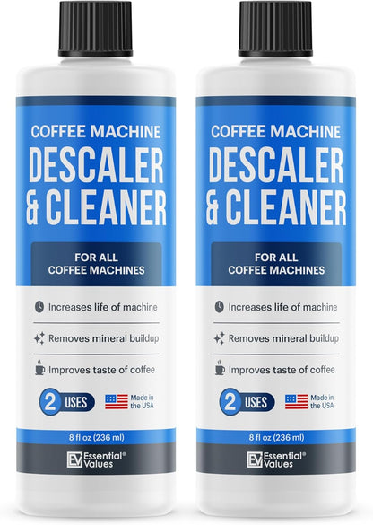 Essential Values Descaling Solution (8 fl oz / 236 ml) – Coffee Maker Cleaner for Nespresso, Keurig, Breville & More – Works on All Machines & Espresso Makers – Made in USA