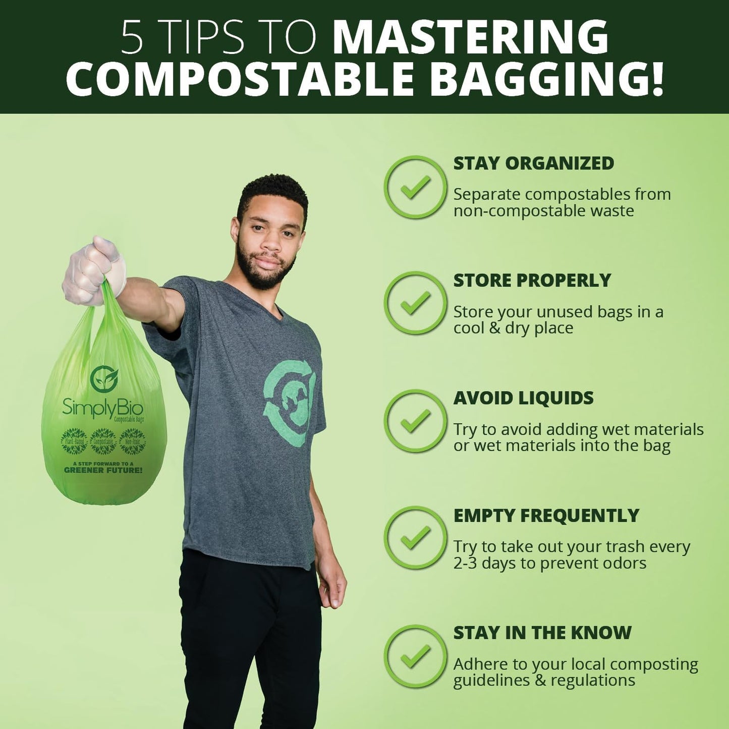 Simply Bio 13 Gallon Compostable Trash Bags Liners Drawstring, Heavy Duty Extra Thick 1 Mil, 49.21 Liter, 30 Bags, Tall Kitchen Food Scrap Waste Bag, ASTM D6400, US BPI and OK Compost Home Certified
