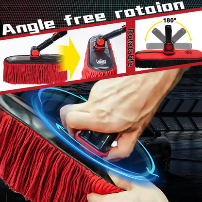 Car Duster Exterior with Extendable Handle, Scratch Free Auto Wash Brush Mop, Interior Detailing Kit for Truck RV Boat - Wax Cotton Duster & Interior Brush, Red
