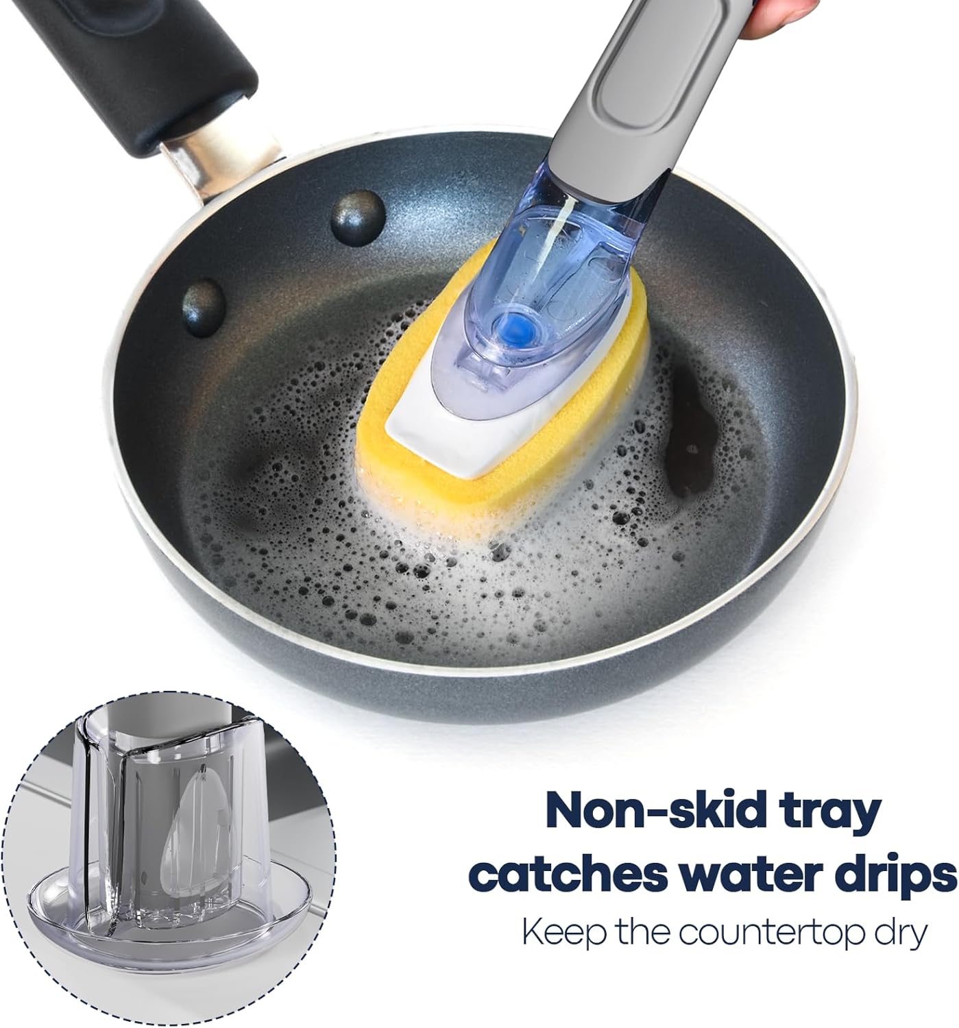 Dish Brush with Soap Dispenser Storage Set with 2 PCS Sponge Refills & Holder, Soap Dispensing Dish Brushes, Sponge with Soap Dispenser Handle, Dish Sponges with Handle for Dishes Pans Pots Sink