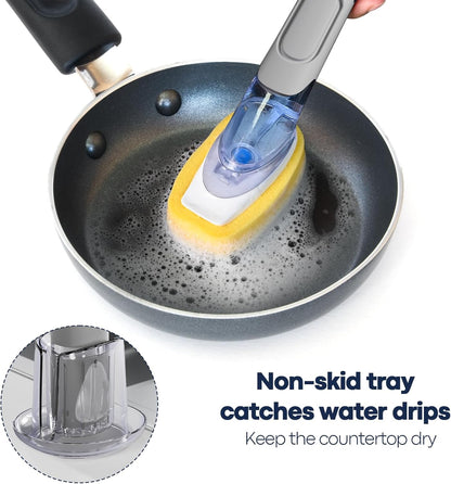 Dish Brush with Soap Dispenser Storage Set with 2 PCS Sponge Refills & Holder, Soap Dispensing Dish Brushes, Sponge with Soap Dispenser Handle, Dish Sponges with Handle for Dishes Pans Pots Sink