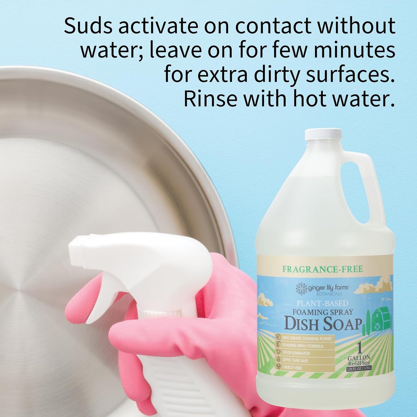 Ginger Lily Farms Botanicals Plant-Based Foaming Spray Dish Soap, Concentrated Formula with Max Grease Cleaning Power, Cruelty-Free, Lavender Chamomile Scent, 1 Gallon Refill (128 Fl Oz)