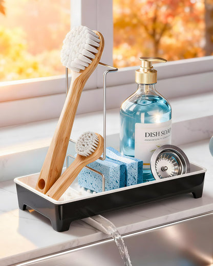 Minimalist Sink Caddy, Rustproof Sponge Holder for Kitchen Sink with 304 Stainless-Steel Brush Holder, Countertop Rack Organizer with Raised Ridges & Silicone Drain Tube (Mint Green, Large)