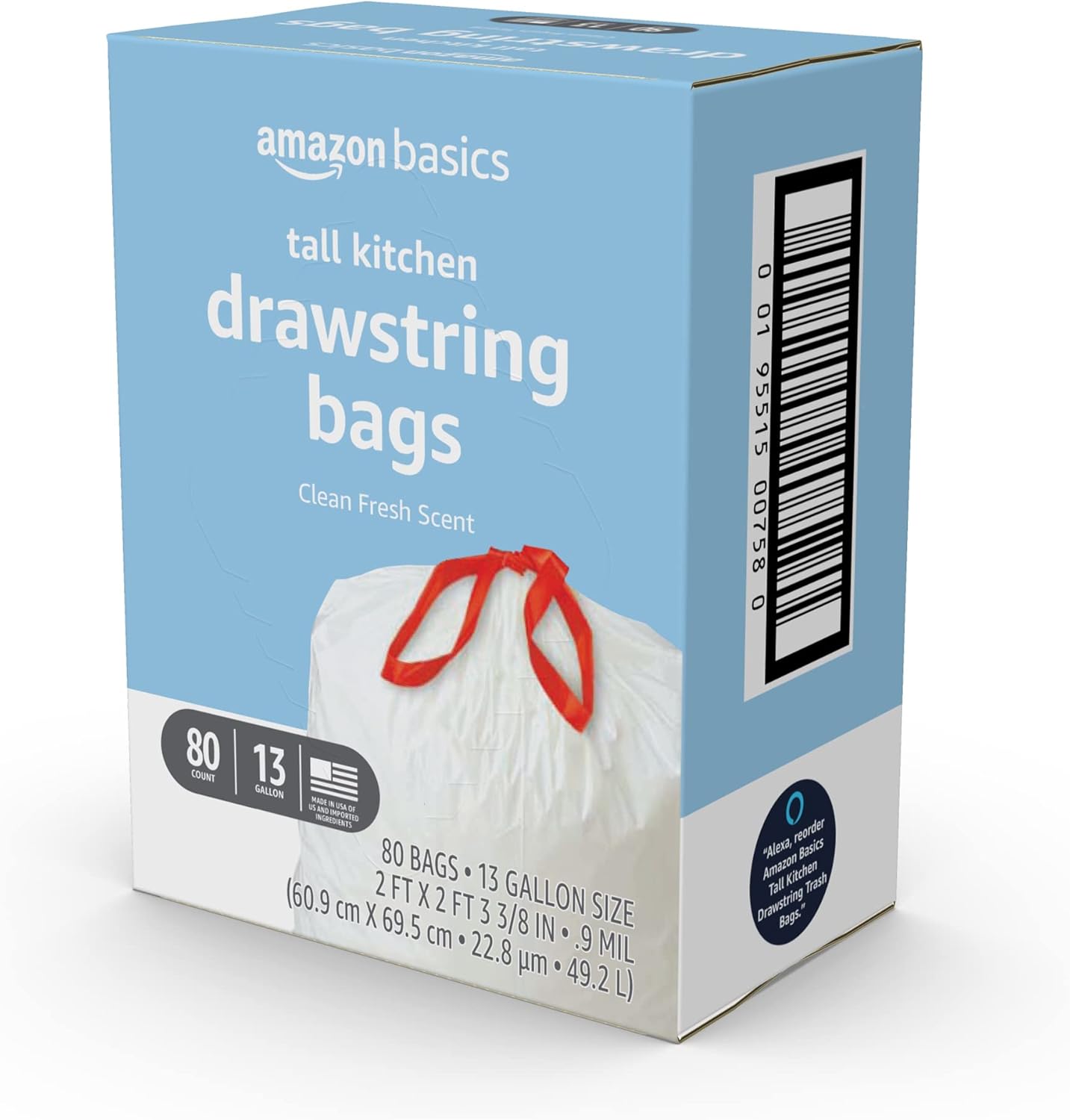Amazon Basics Scented Trash Bags, Tall Kitchen Drawstring, Clean Fresh Scent, 13 Gallon, 200 Count, Pack of 1