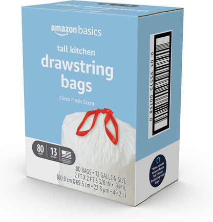 Amazon Basics Scented Trash Bags, Tall Kitchen Drawstring, Clean Fresh Scent, 13 Gallon, 200 Count, Pack of 1