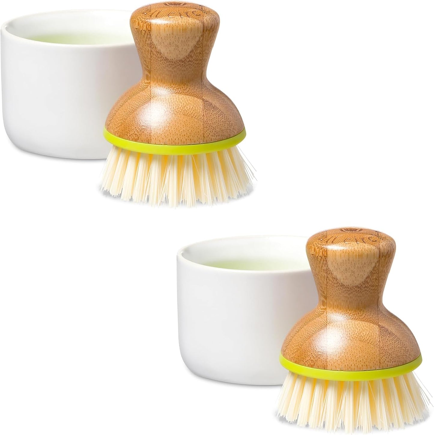 Full Circle Bubble Up Bamboo Dish Brush & Ceramic Soap Dispenser – Family Safe, Formaldehyde-Free – Kitchen Scrub Brush for Dishes, Nonstick & Cast Iron, White