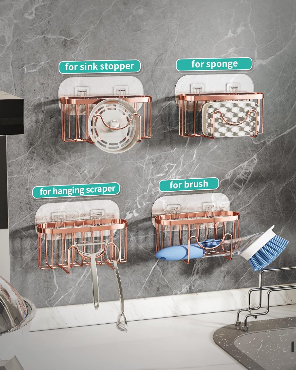 HapiRm Multifunctional Sponge Holder with Unique M-Shaped, 2 Installation Methods Kitchen Sink Caddy Organizer, Rustproof Stainless Steel Kitchen Organizers and Storage Essentials - Black