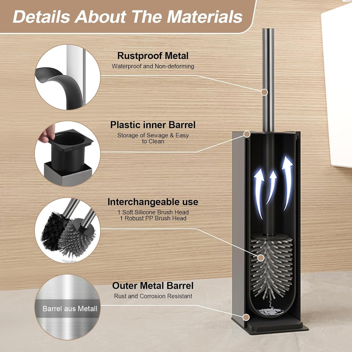 BGL Toilet Brush and Holder Set, Matte Black Freestanding for Bathroom Storage and Organization, Square Design Sturdy and Space Saving