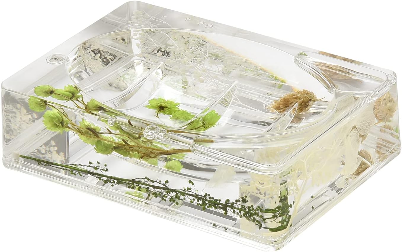 Locco Decor 5 Piece Acrylic Liquid 4D Floating Motion Bathroom Vanity Accessory Set Garden Botanic Green Plants Toothbrush Holder, Tumbler, Soap Dispenser, Soap Dish, Toiletbrush Holder Set